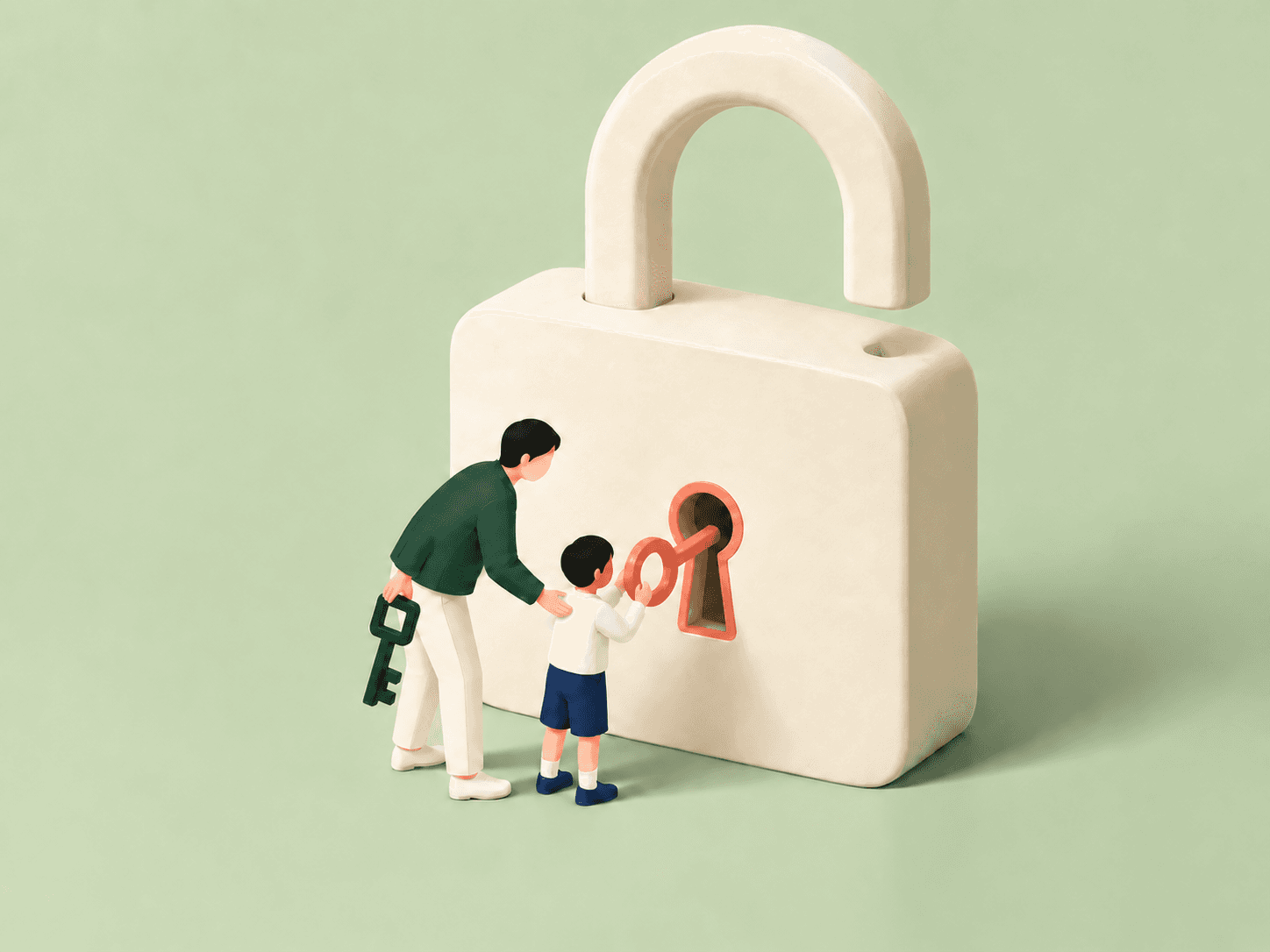 아빠는 자신의 짙은 초록색 사각 열쇠를 손에 따로 지니고, 아이는 자신의 산호색 둥근 열쇠로 크림색 자물쇠를 여는 장면