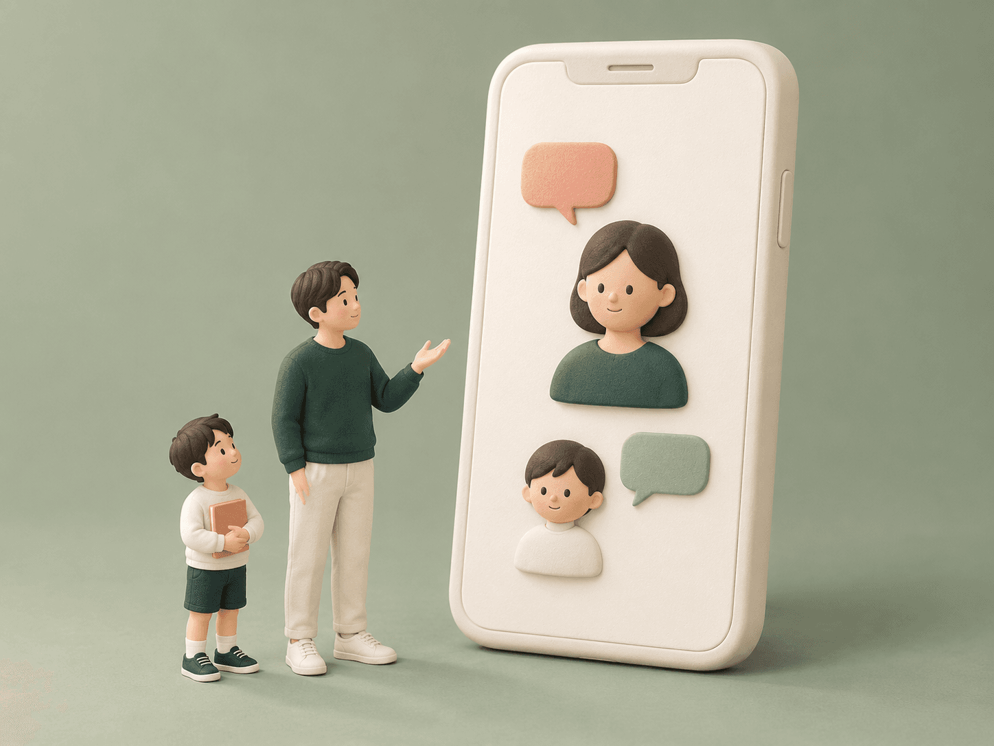 양육자와 아이가 두 사람의 얼굴과 말풍선이 표현된 큰 스마트폰을 함께 바라보는 IARA 안내 일러스트