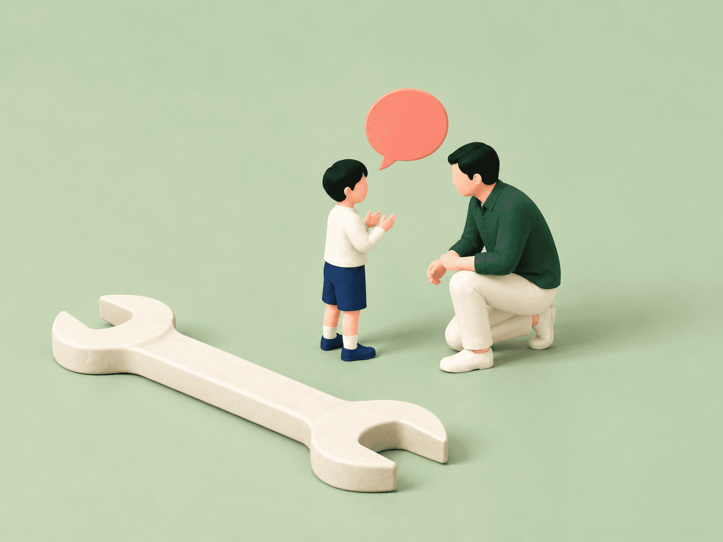 양육자가 해결 도구를 옆에 내려놓고 아이와 눈높이를 맞춰 이야기를 듣는 장면